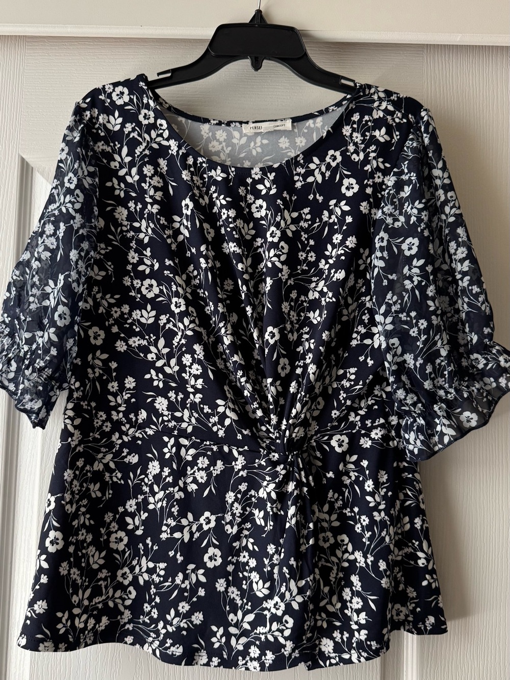 Navy & White Floral Twist-Front Blouse
